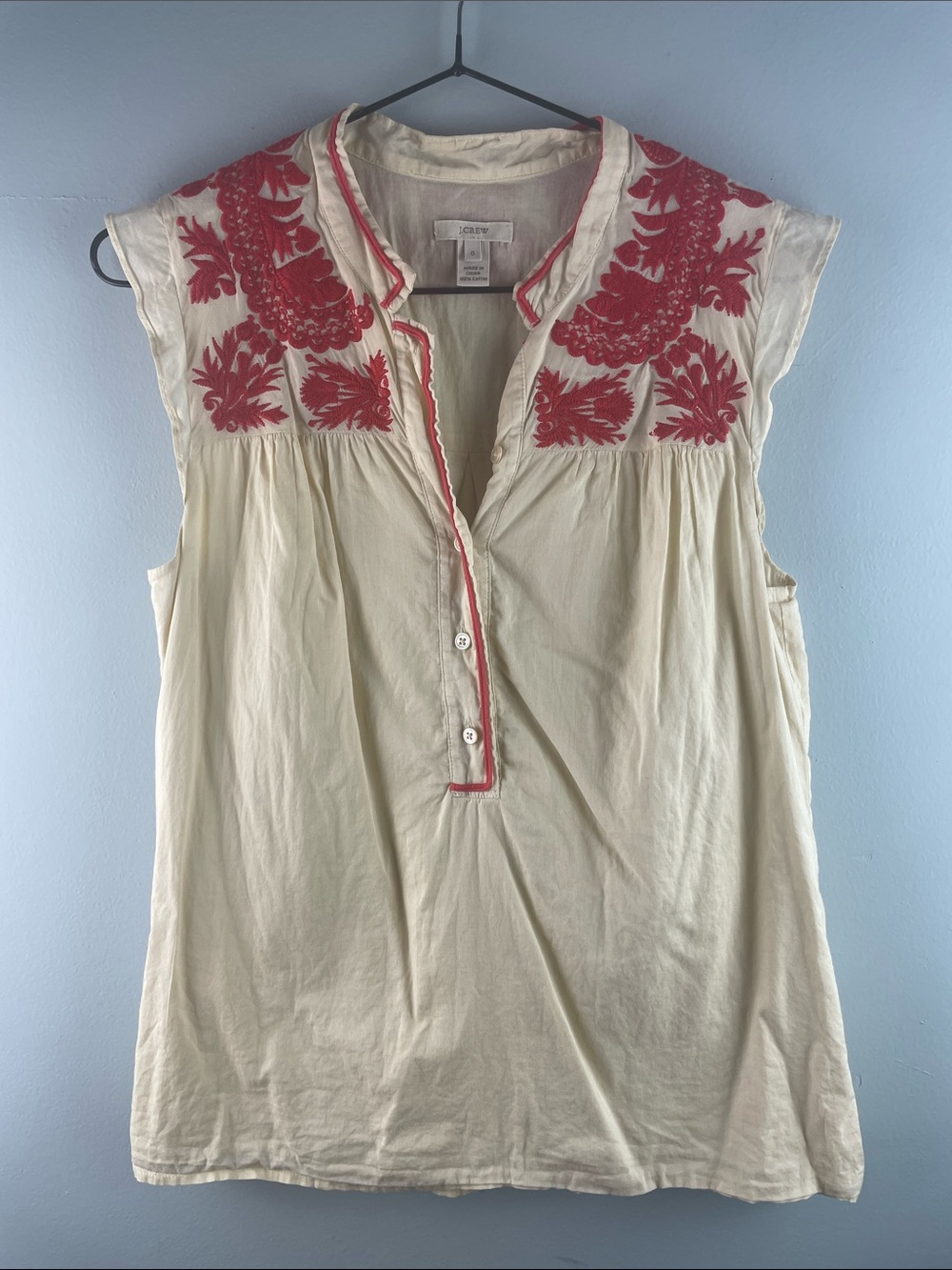 J. Crew Cream Sleeveless Embroidered Top with Red Accents Size 0